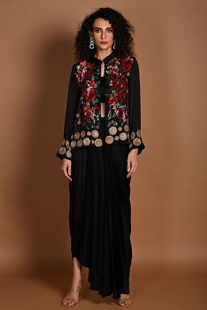 Black Satin Georgette Sequins Hand Embroidered Jacket Set by Isadaa by Rotna Dutt