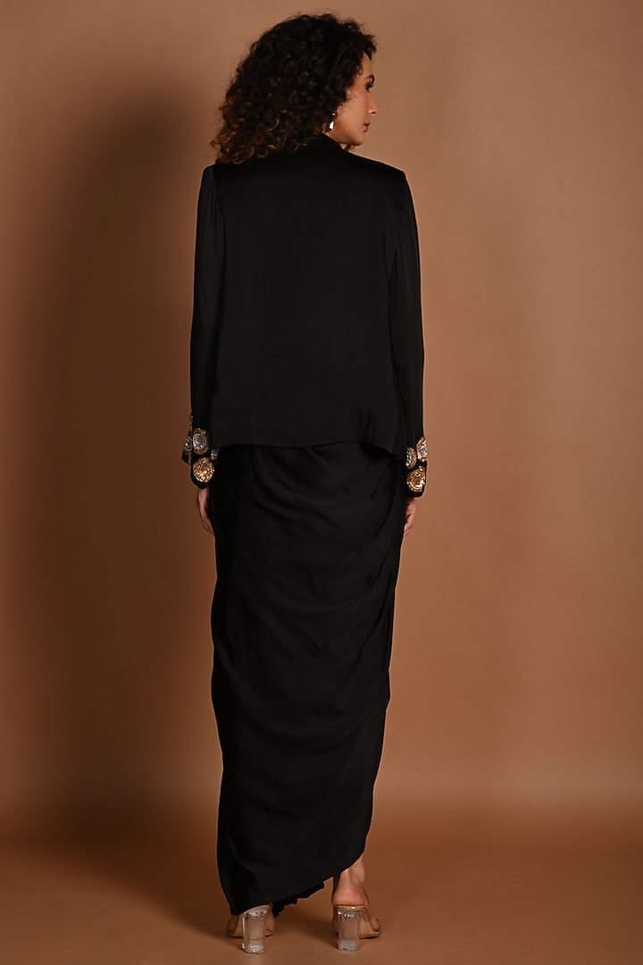 Black Satin Georgette Sequins Hand Embroidered Jacket Set by Isadaa by Rotna Dutt at Pernia's Pop Up Shop