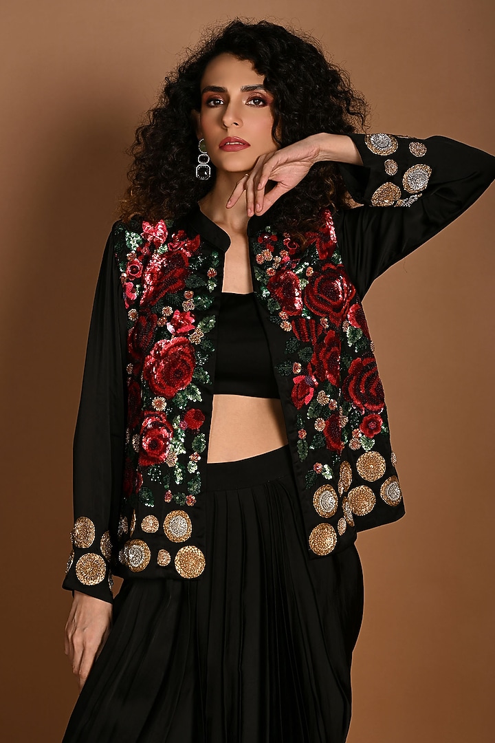 Black Satin Georgette Sequins Hand Embroidered Jacket Set by Isadaa by Rotna Dutt at Pernia's Pop Up Shop