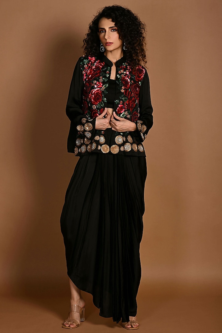 Black Satin Georgette Sequins Hand Embroidered Jacket Set by Isadaa by Rotna Dutt at Pernia's Pop Up Shop