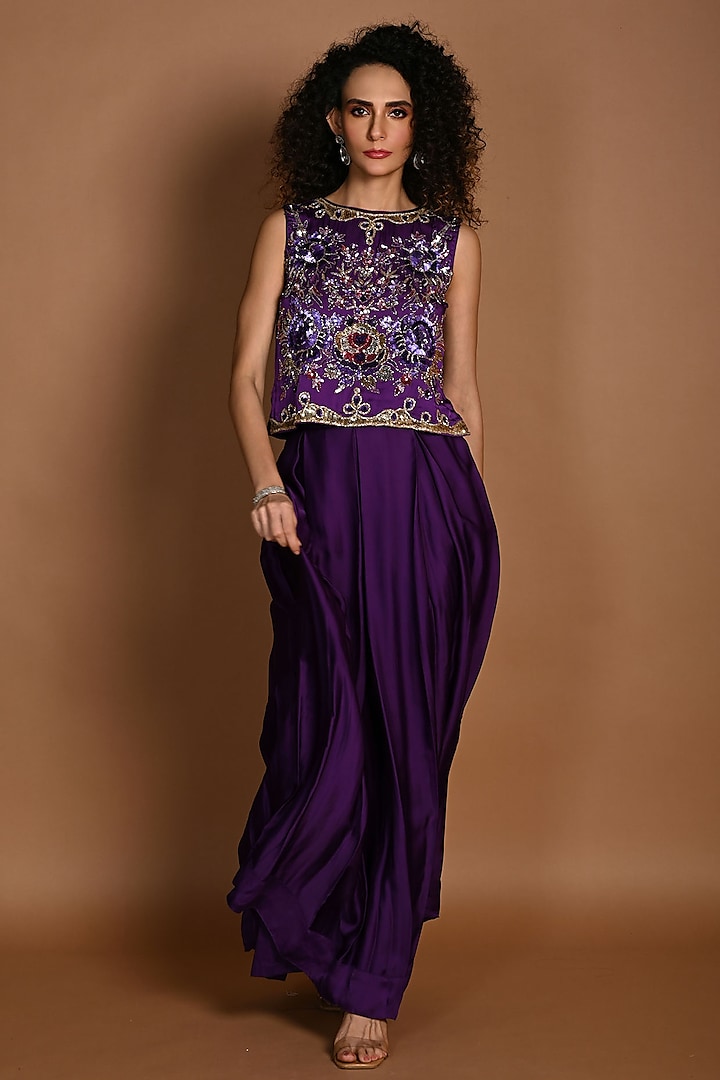 Purple Satin Organza Skirt Set by Isadaa by Rotna Dutt