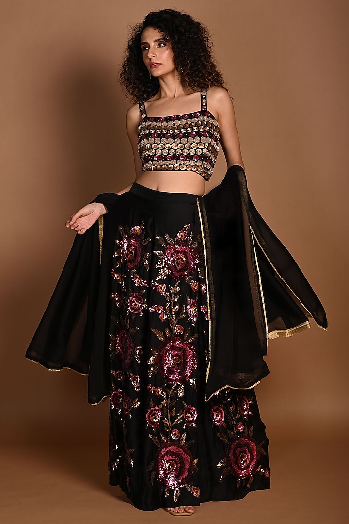 Black Satin Organza Sequins Hand Embroidered Wedding Lehenga Set by Isadaa by Rotna Dutt at Pernia's Pop Up Shop