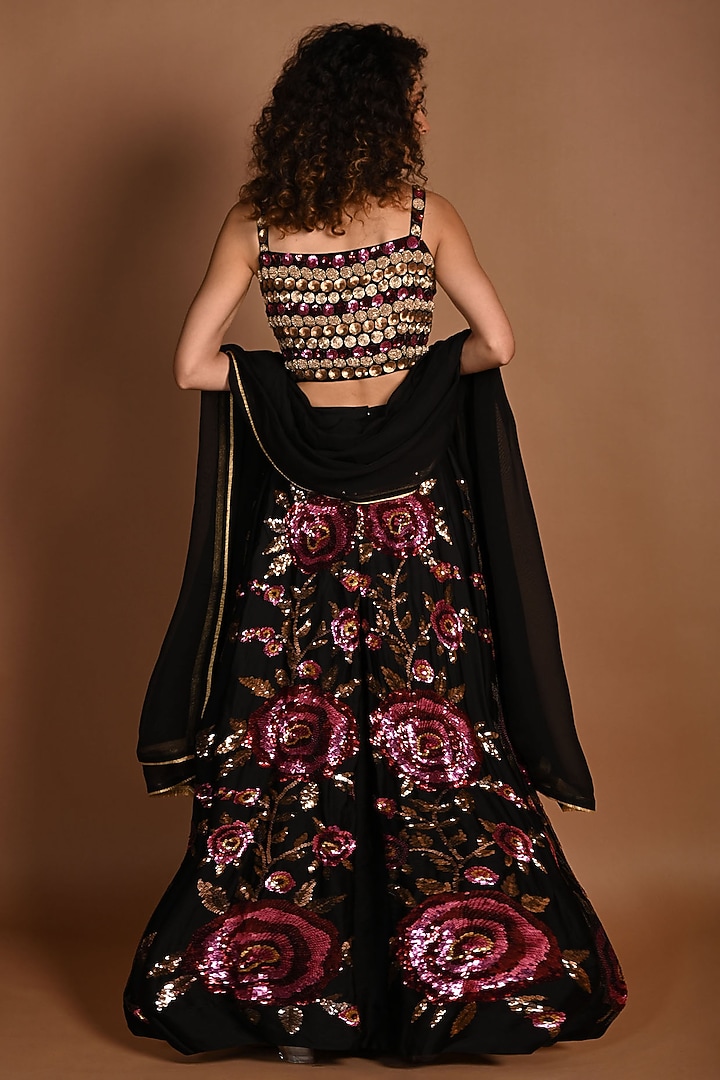 Black Satin Organza Sequins Hand Embroidered Wedding Lehenga Set by Isadaa by Rotna Dutt at Pernia's Pop Up Shop
