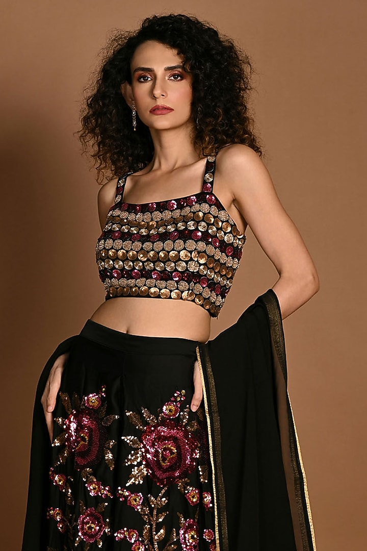 Black Satin Organza Sequins Hand Embroidered Wedding Lehenga Set by Isadaa by Rotna Dutt at Pernia's Pop Up Shop