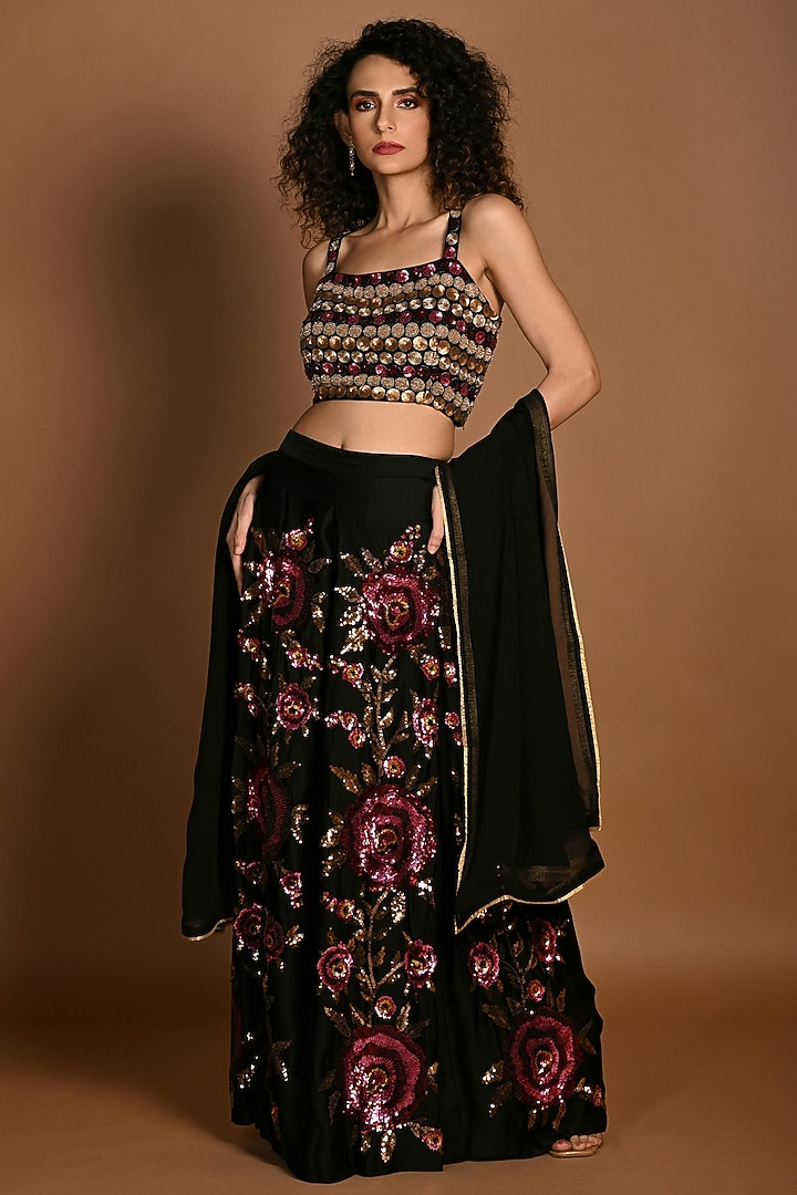 Black Satin Organza Sequins Hand Embroidered Wedding Lehenga Set by Isadaa by Rotna Dutt at Pernia's Pop Up Shop