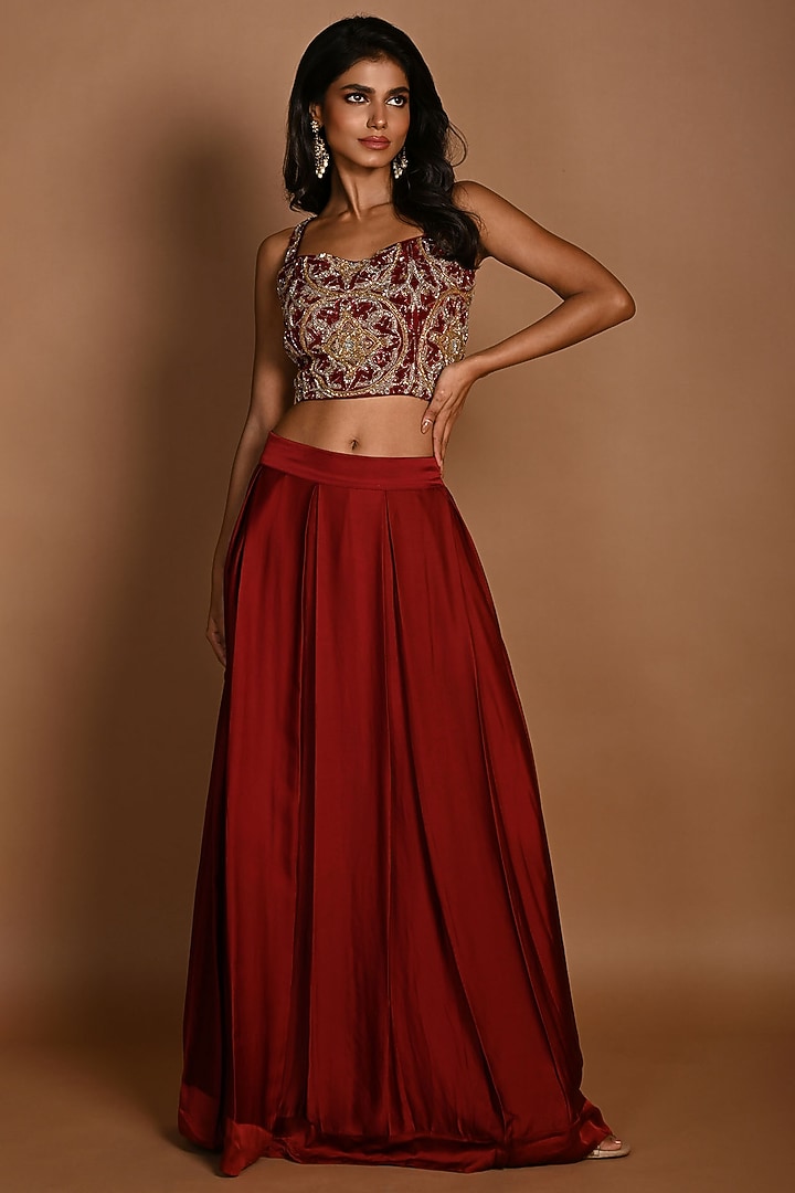 Red Satin Organza Skirt Set by Isadaa by Rotna Dutt at Pernia's Pop Up Shop