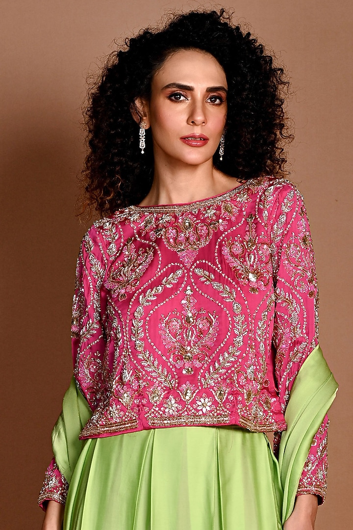 Green Satin Georgette & Satin Organza Wedding Lehenga Set by Isadaa by Rotna Dutt at Pernia's Pop Up Shop