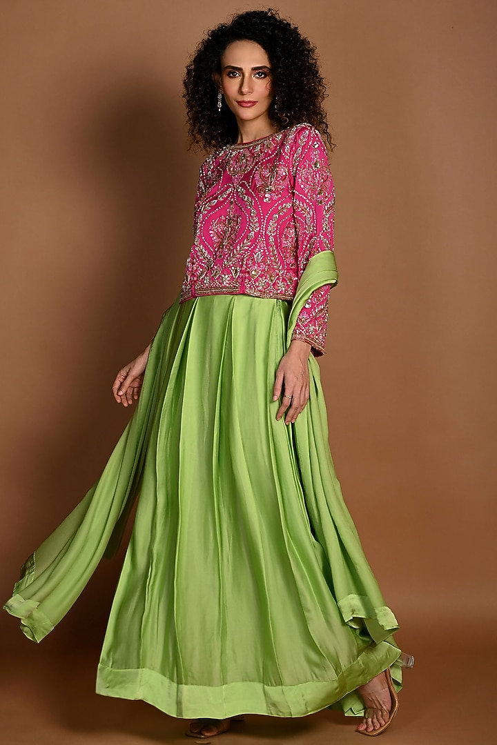 Green Satin Georgette & Satin Organza Wedding Lehenga Set by Isadaa by Rotna Dutt at Pernia's Pop Up Shop