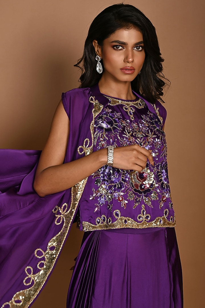 Purple Satin Georgette & Satin Organza Jacket Set by Isadaa by Rotna Dutt at Pernia's Pop Up Shop