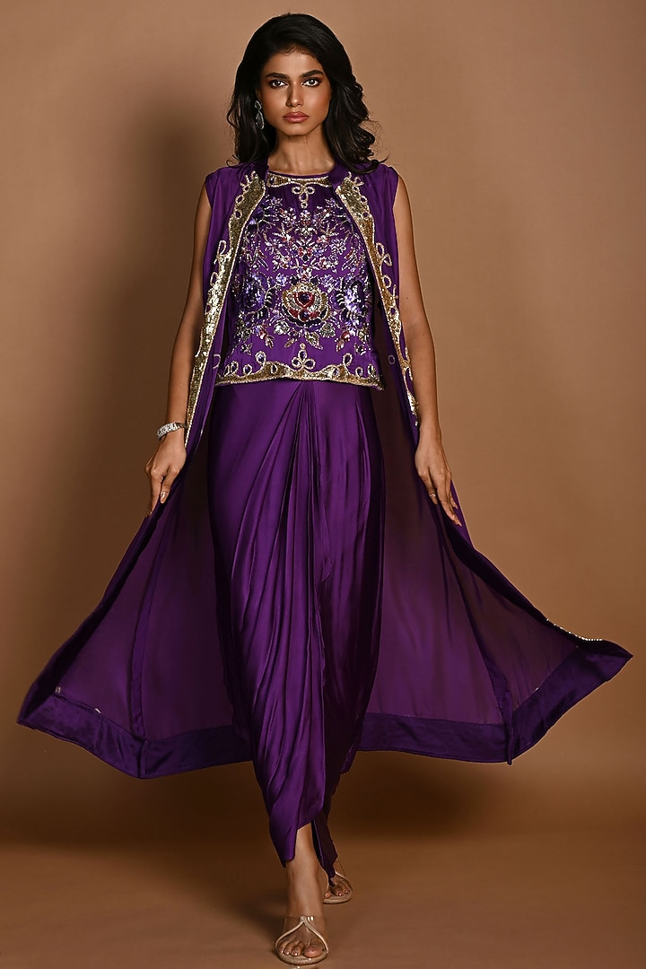 Purple Satin Georgette & Satin Organza Jacket Set by Isadaa by Rotna Dutt at Pernia's Pop Up Shop