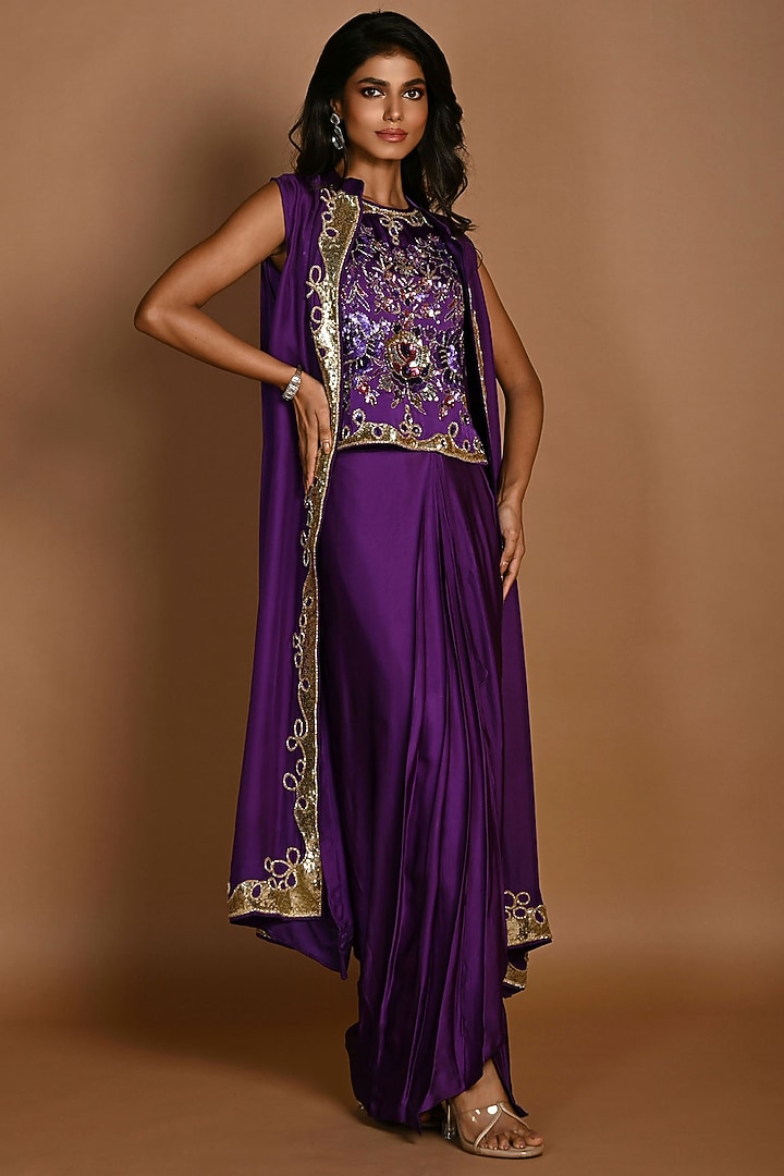 Purple Satin Georgette & Satin Organza Jacket Set by Isadaa by Rotna Dutt at Pernia's Pop Up Shop