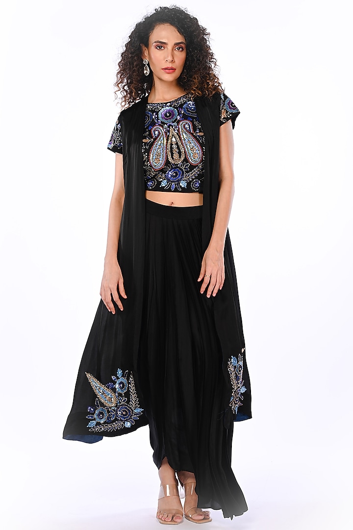 Black Satin Georgette & Satin Organza Jacket Set by Isadaa by Rotna Dutt