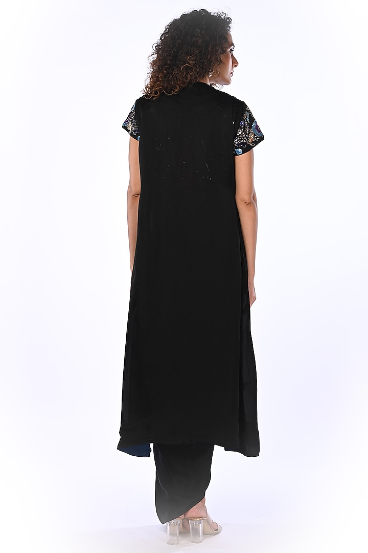 Black Satin Georgette & Satin Organza Jacket Set by Isadaa by Rotna Dutt at Pernia's Pop Up Shop