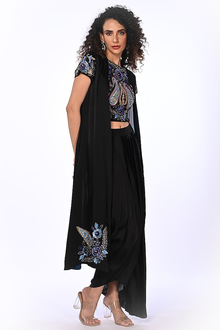 Black Satin Georgette & Satin Organza Jacket Set by Isadaa by Rotna Dutt at Pernia's Pop Up Shop