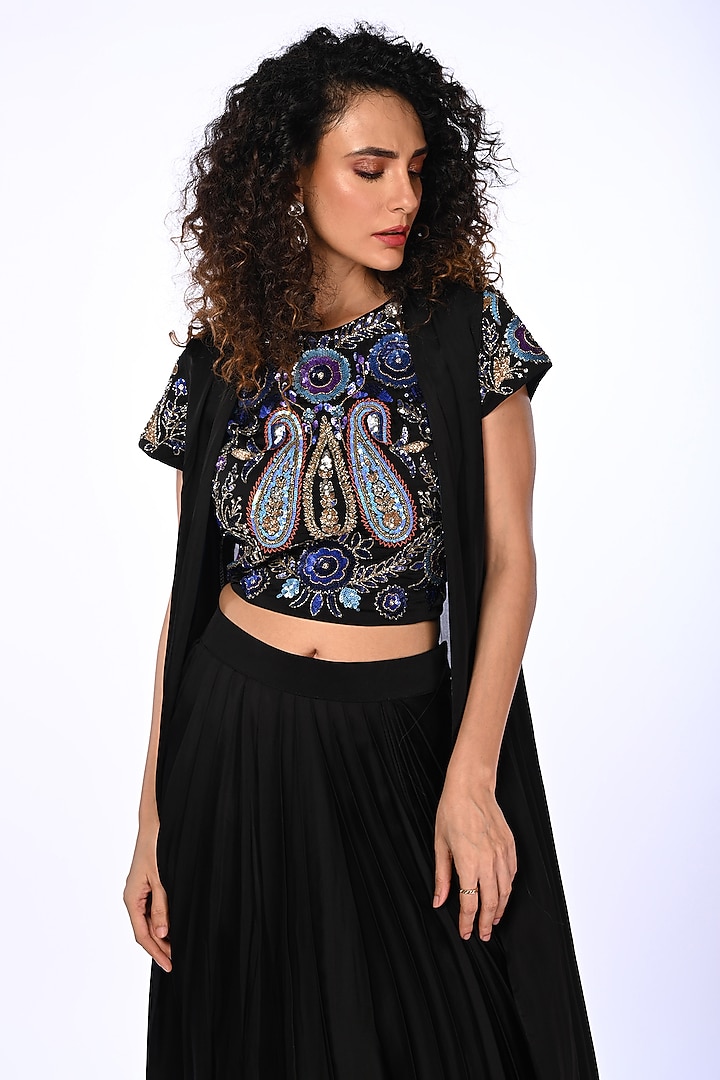 Black Satin Georgette & Satin Organza Jacket Set by Isadaa by Rotna Dutt at Pernia's Pop Up Shop