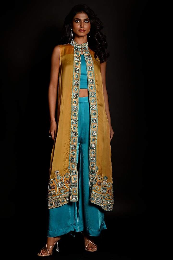 Yellow Satin Georgette & Satin Organza Hand Embroidered Jacket Set by Isadaa by Rotna Dutt at Pernia's Pop Up Shop