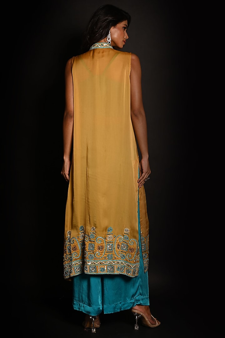 Yellow Satin Georgette & Satin Organza Hand Embroidered Jacket Set by Isadaa by Rotna Dutt at Pernia's Pop Up Shop