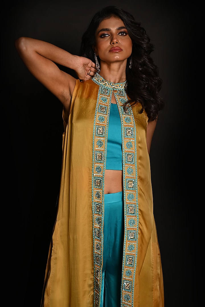 Yellow Satin Georgette & Satin Organza Hand Embroidered Jacket Set by Isadaa by Rotna Dutt at Pernia's Pop Up Shop
