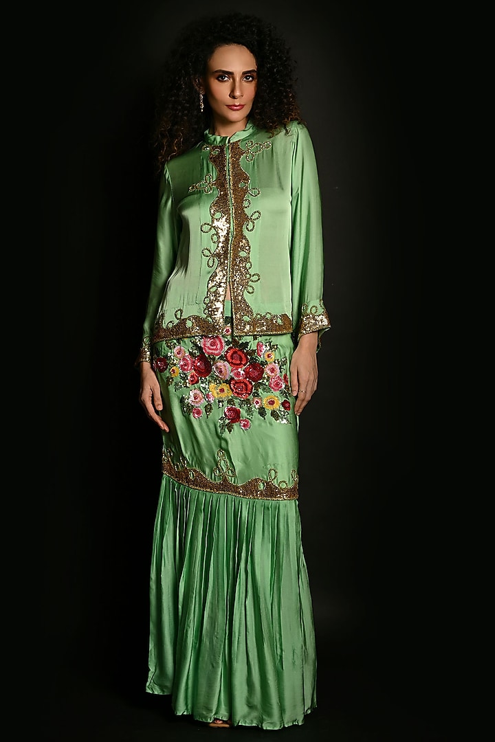 Green Satin Georgette Sequins Hand Embroidered Jacket Set by Isadaa by Rotna Dutt at Pernia's Pop Up Shop