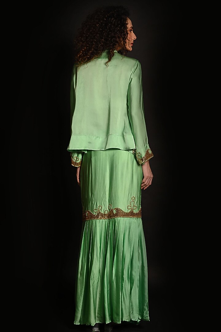 Green Satin Georgette Sequins Hand Embroidered Jacket Set by Isadaa by Rotna Dutt at Pernia's Pop Up Shop