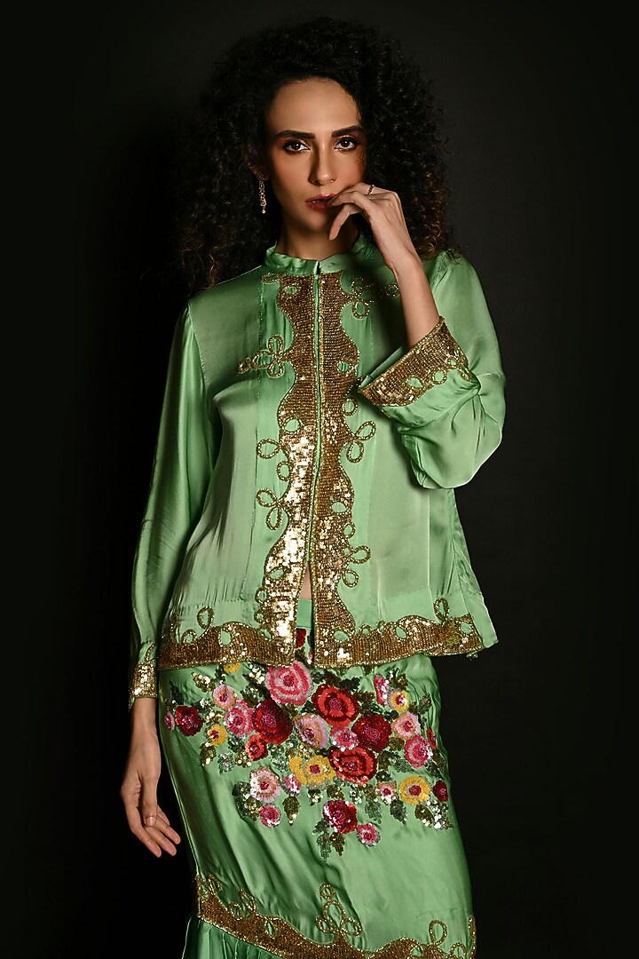 Green Satin Georgette Sequins Hand Embroidered Jacket Set by Isadaa by Rotna Dutt at Pernia's Pop Up Shop