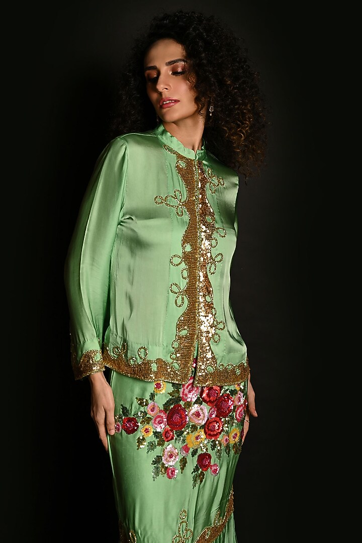 Green Satin Georgette Sequins Hand Embroidered Jacket Set by Isadaa by Rotna Dutt at Pernia's Pop Up Shop