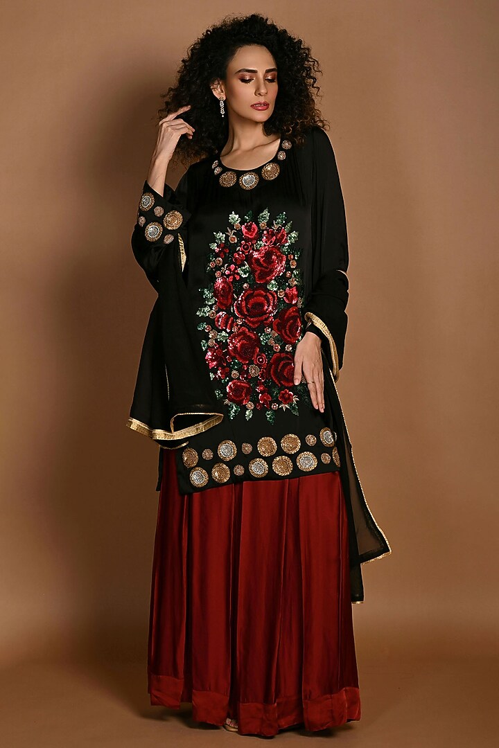 Red Satin Organza Wedding Lehenga Set by Isadaa by Rotna Dutt at Pernia's Pop Up Shop
