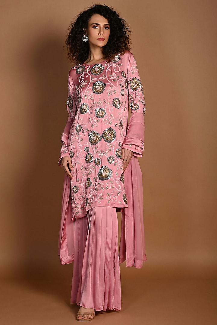 Pink Satin Georgette & Organza Sharara Set by Isadaa by Rotna Dutt