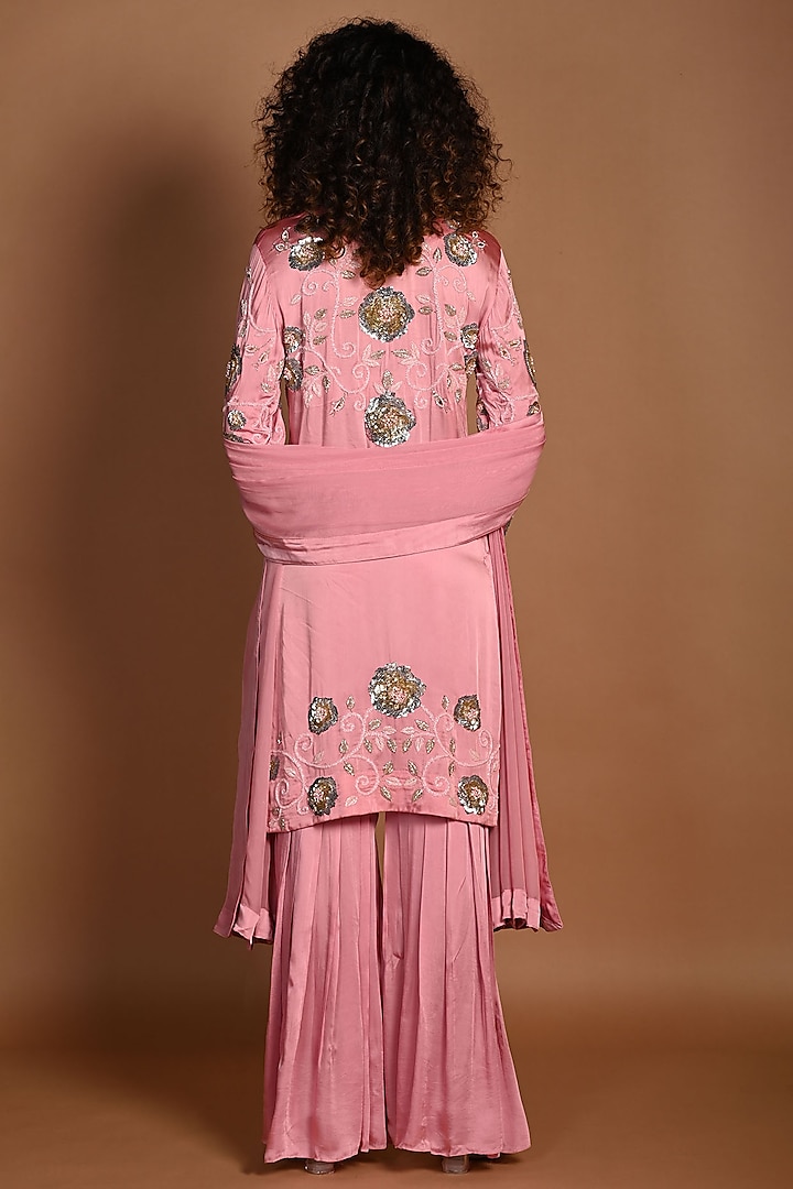 Pink Satin Georgette & Organza Wedding Sharara Set by Isadaa by Rotna Dutt at Pernia's Pop Up Shop
