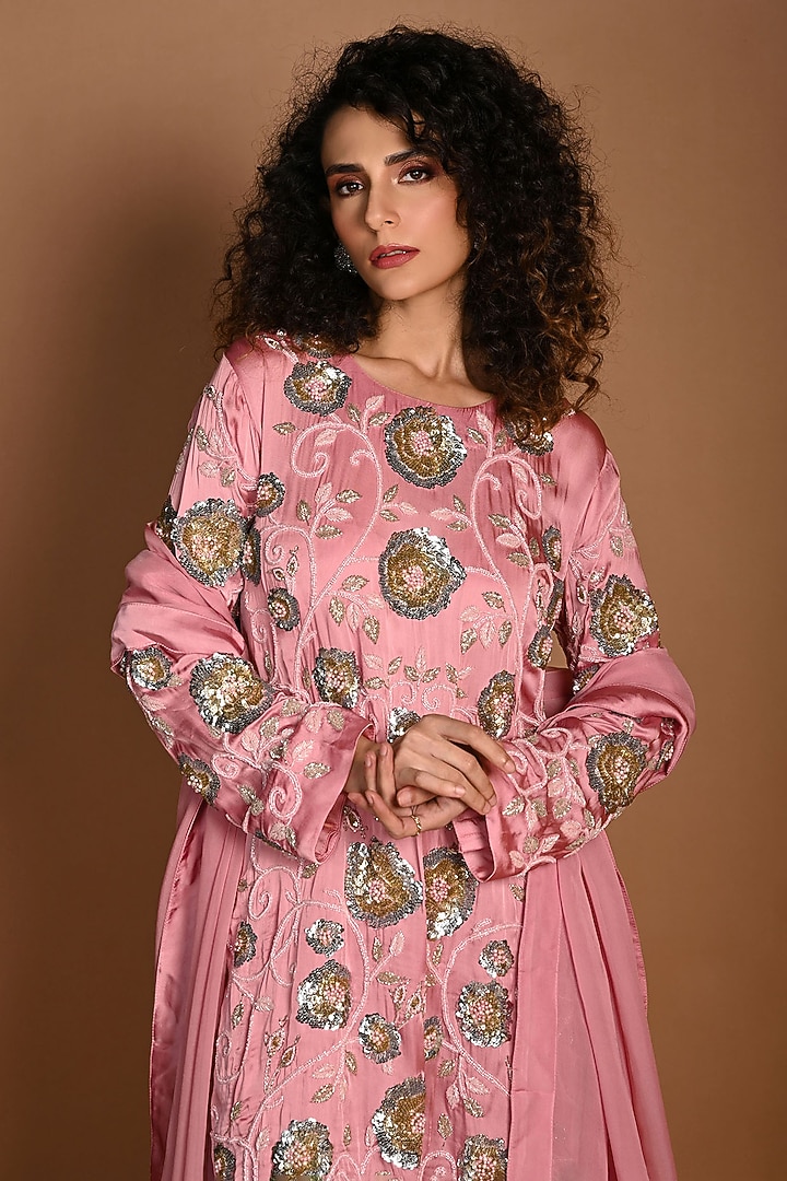 Pink Satin Georgette & Organza Wedding Sharara Set by Isadaa by Rotna Dutt at Pernia's Pop Up Shop