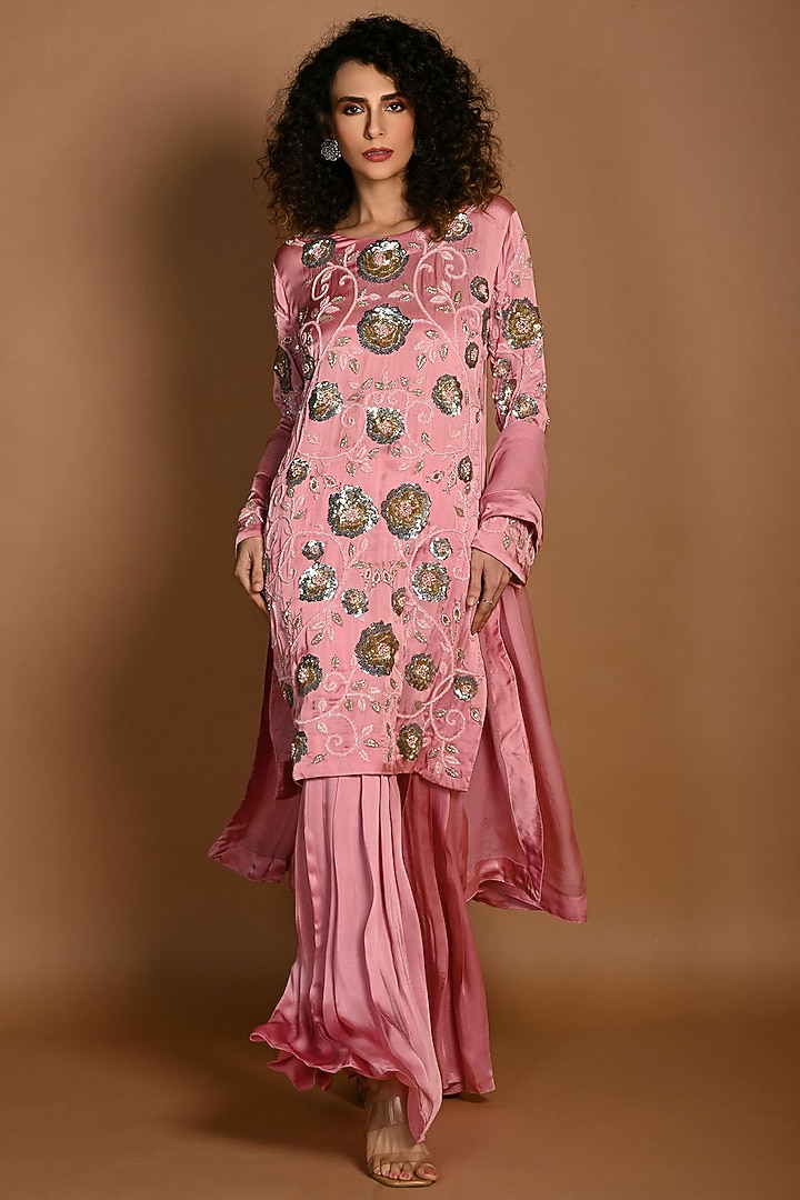 Pink Satin Georgette & Organza Wedding Sharara Set by Isadaa by Rotna Dutt at Pernia's Pop Up Shop