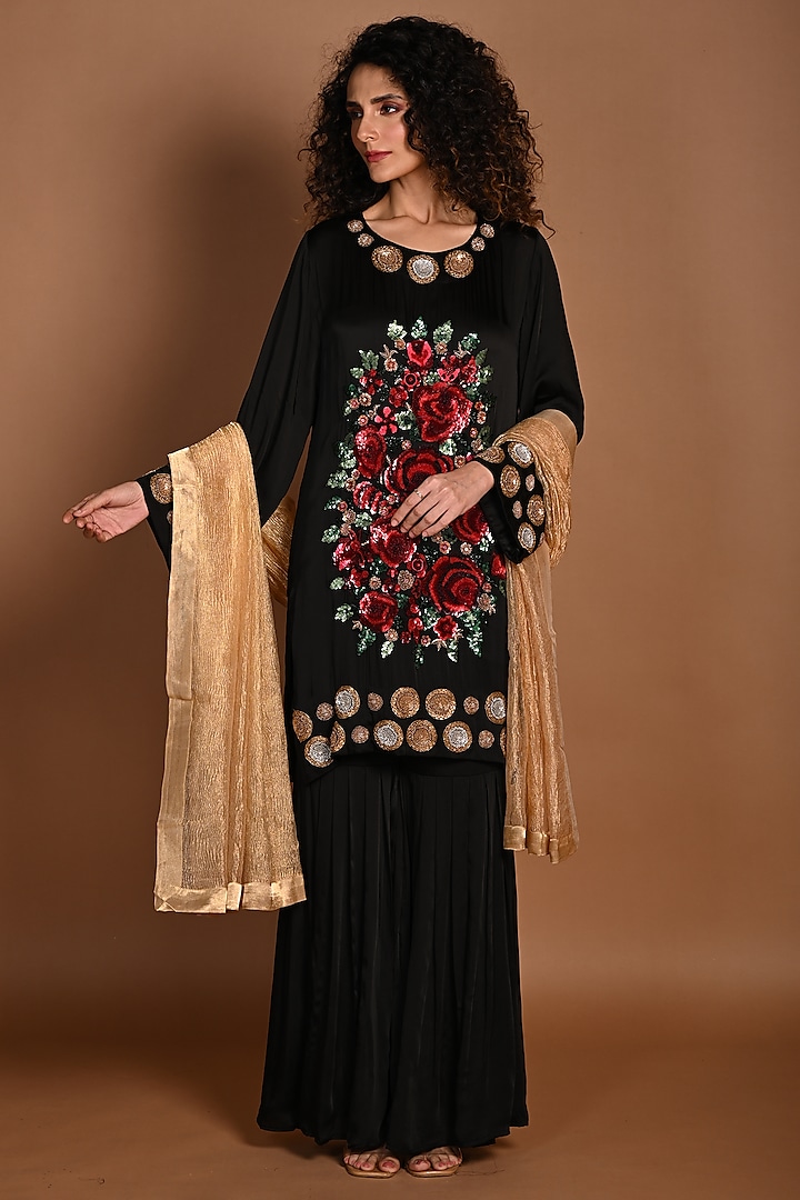 Black Satin Georgette & Silk Tissue Sharara Set by Isadaa by Rotna Dutt