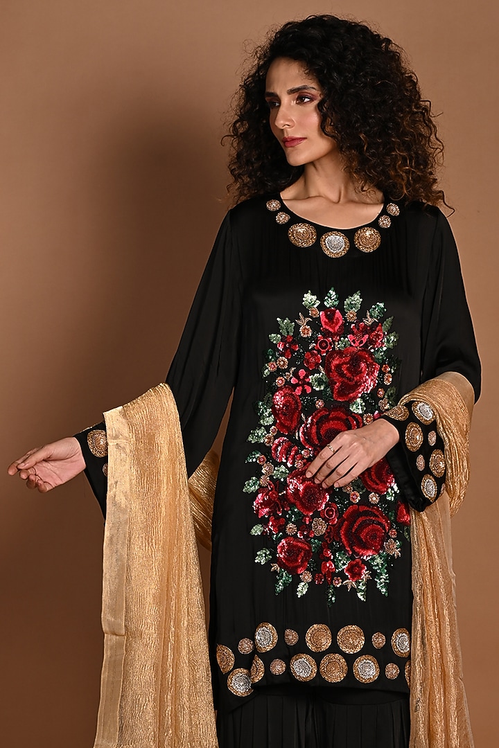 Black Satin Georgette & Silk Tissue Wedding Sharara Set by Isadaa by Rotna Dutt at Pernia's Pop Up Shop