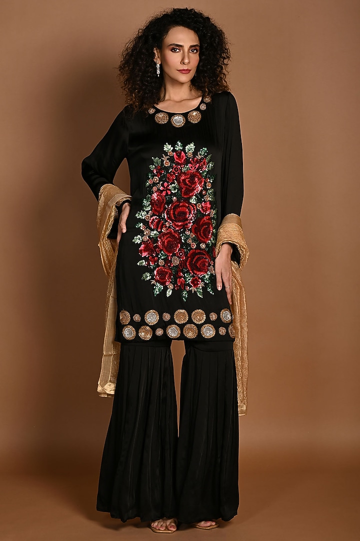 Black Satin Georgette & Silk Tissue Wedding Sharara Set by Isadaa by Rotna Dutt at Pernia's Pop Up Shop