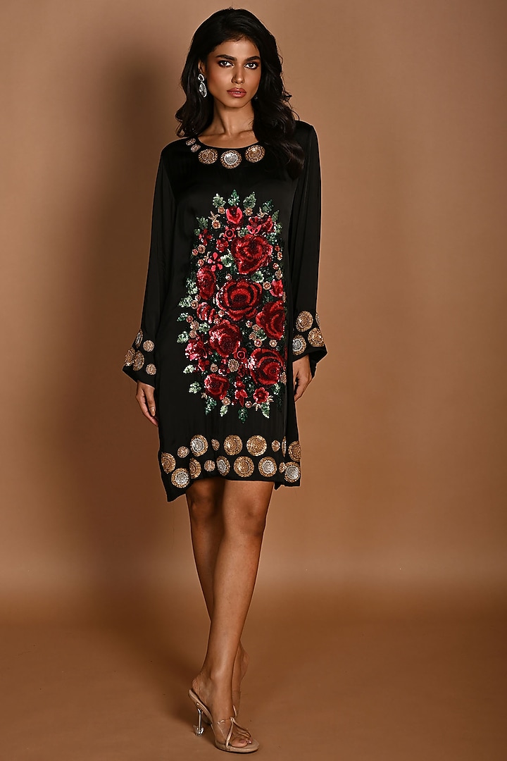 Black Satin Georgette Sequins Hand Embroidered Dress by Isadaa by Rotna Dutt