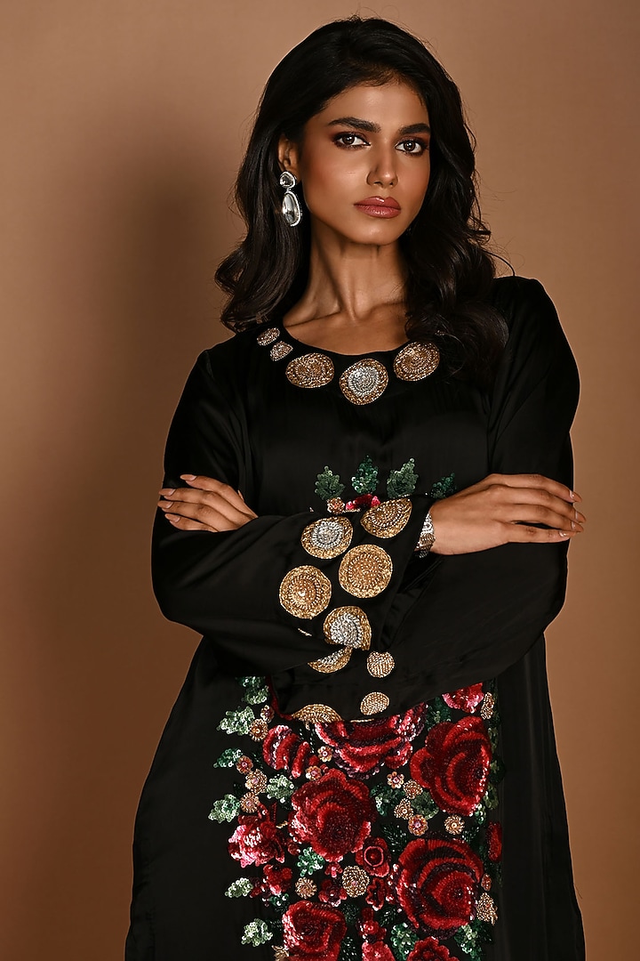 Black Satin Georgette Sequins Hand Embroidered Cocktail Dress by Isadaa by Rotna Dutt at Pernia's Pop Up Shop