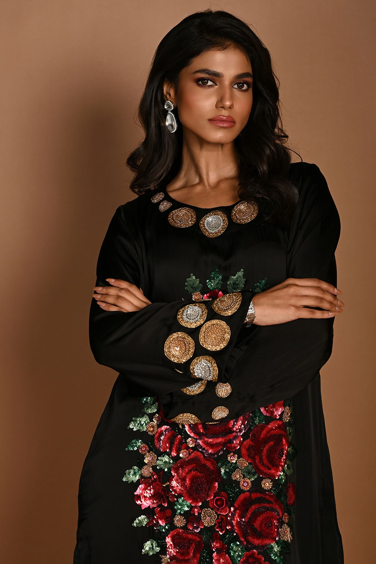 Black Satin Georgette Sequins Hand Embroidered Dress by Isadaa by Rotna ...
