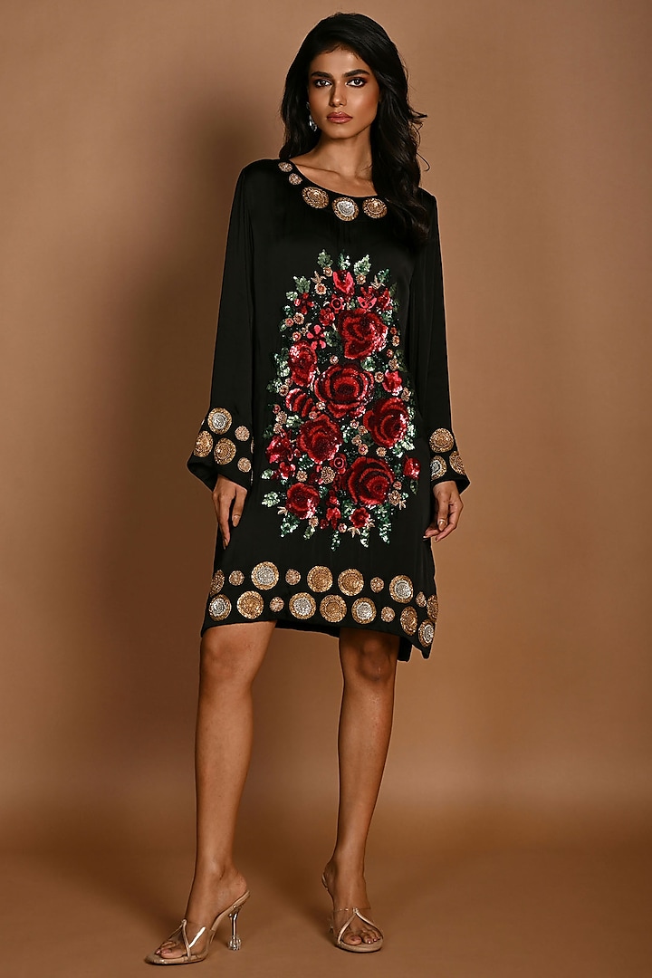 Black Satin Georgette Sequins Hand Embroidered Cocktail Dress by Isadaa by Rotna Dutt at Pernia's Pop Up Shop