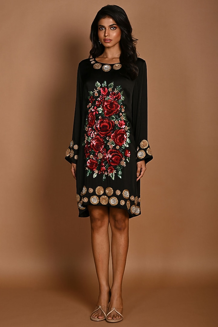Black Satin Georgette Sequins Hand Embroidered Cocktail Dress by Isadaa by Rotna Dutt at Pernia's Pop Up Shop