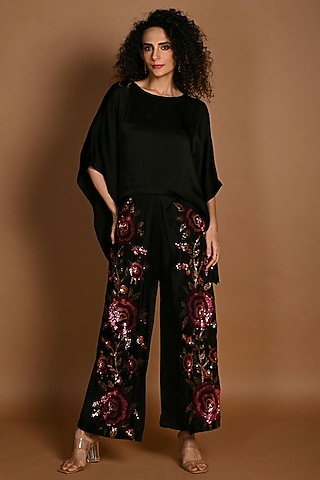 Black Satin Georgette Sequins Embroidered Pant Set by Isadaa by Rotna Dutt