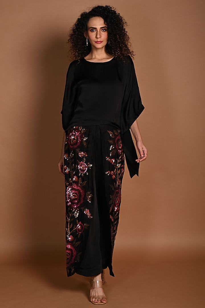 Black Satin Georgette Sequins Embroidered Pant Set by Isadaa by Rotna Dutt at Pernia's Pop Up Shop