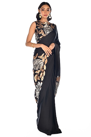 Black Satin Organza Sequins Hand Embroidered Saree Set by Isadaa by Rotna Dutt