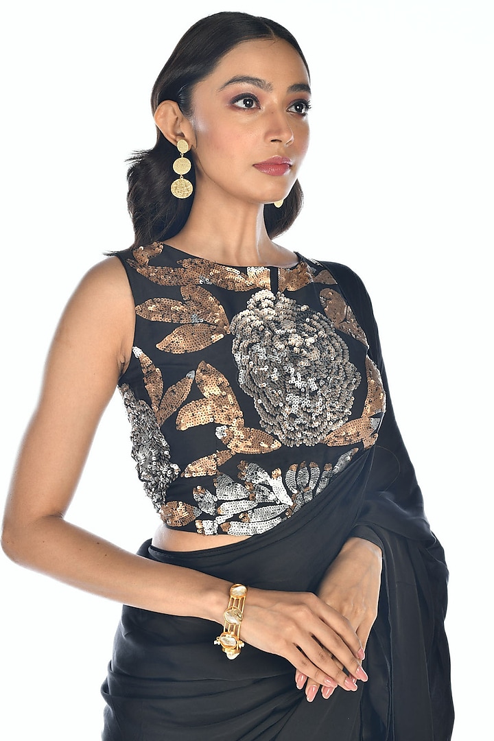 Black Satin Organza Sequins Hand Embroidered Wedding Saree Set by Isadaa by Rotna Dutt at Pernia's Pop Up Shop