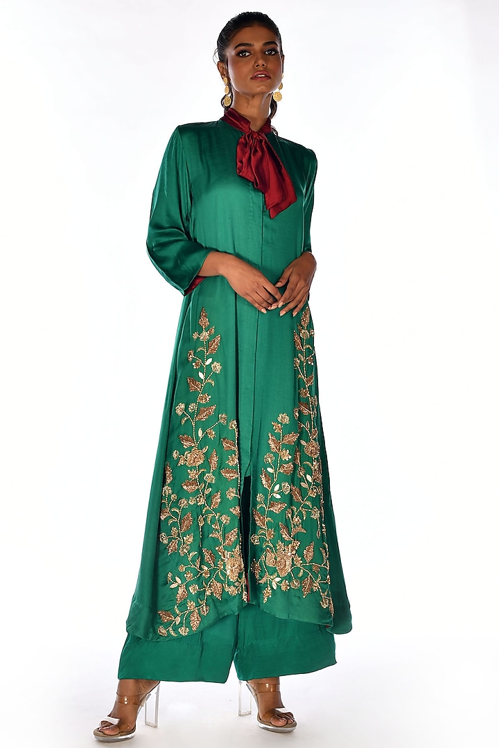 Green Satin Georgette Hand Embroidered Kurta Set by Isadaa by Rotna Dutt at Pernia's Pop Up Shop