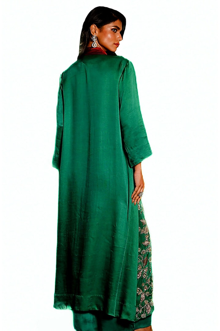 Green Satin Georgette Hand Embroidered Kurta Set by Isadaa by Rotna Dutt at Pernia's Pop Up Shop