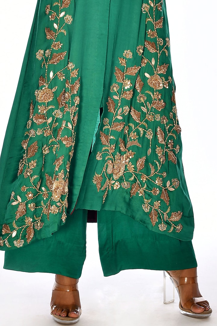 Green Satin Georgette Hand Embroidered Kurta Set by Isadaa by Rotna Dutt at Pernia's Pop Up Shop
