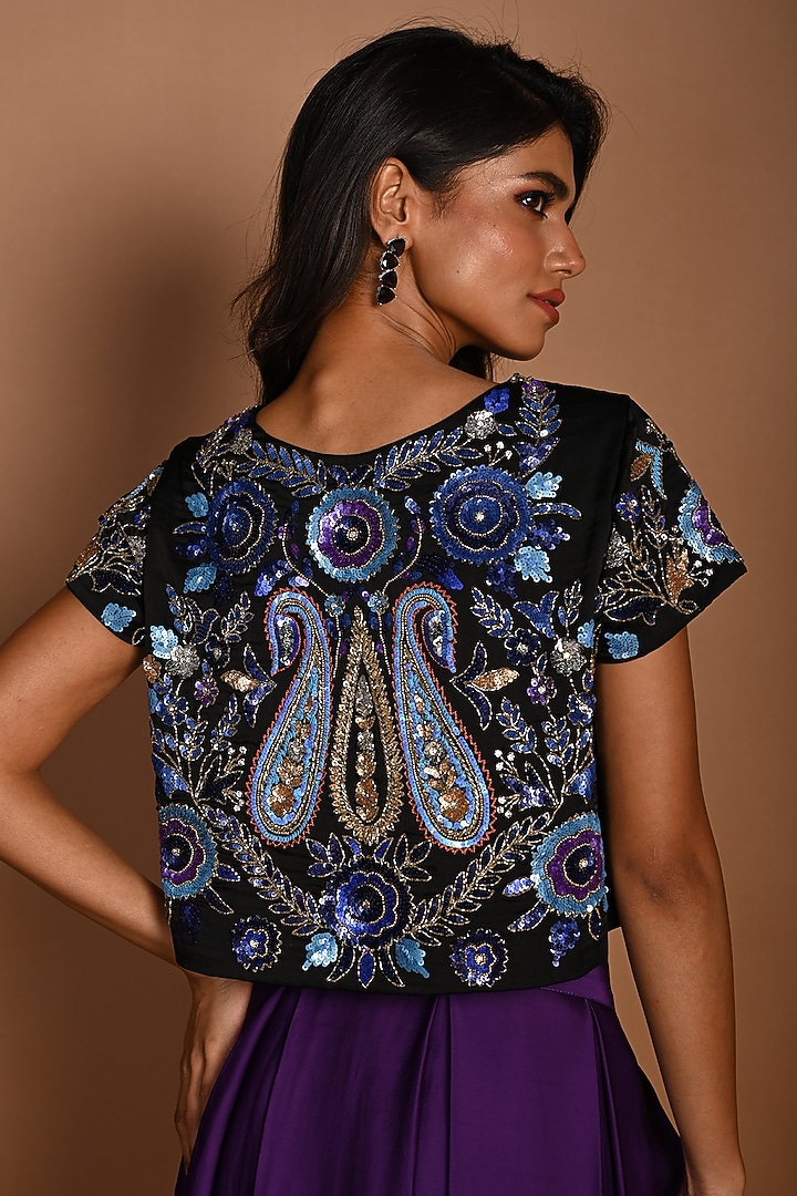 Black Satin Georgette Sequins Hand Embroidered Blouse by Isadaa by Rotna Dutt at Pernia's Pop Up Shop