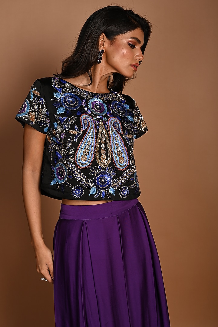 Black Satin Georgette Sequins Hand Embroidered Blouse by Isadaa by Rotna Dutt at Pernia's Pop Up Shop