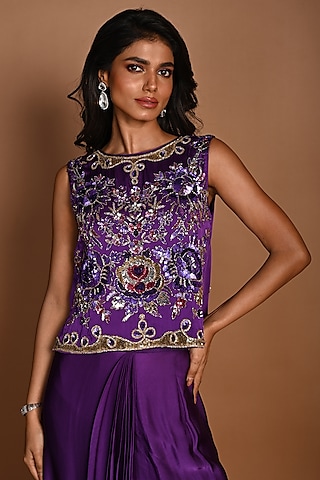 Purple Satin Georgette Sequins Hand Embroidered Blouse by Isadaa by Rotna Dutt
