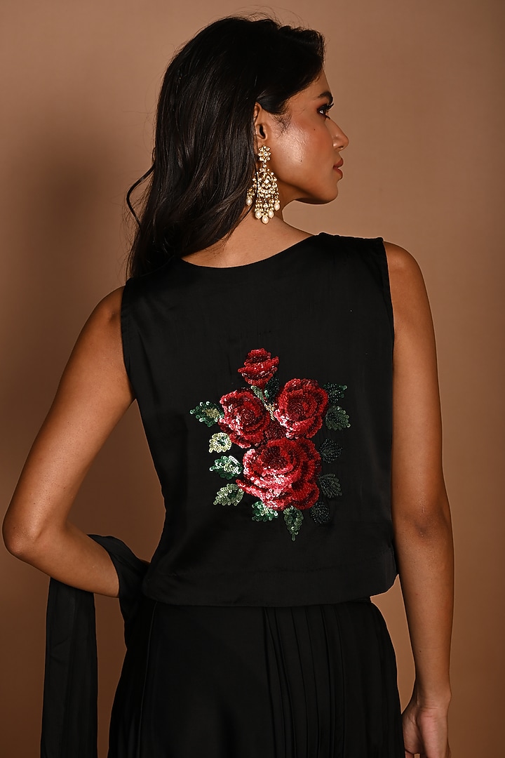 Black Satin Georgette Zardosi Hand Embroidered Blouse by Isadaa by Rotna Dutt at Pernia's Pop Up Shop